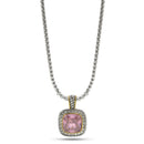 TWO TONE SQUARE ROSE CRYSTAL AND RHINESTONES ENGRAVED PENDANT BOX CHAIN NECKLACE