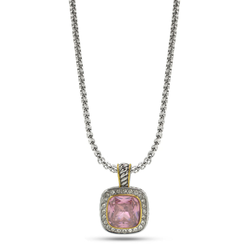 TWO TONE SQUARE ROSE CRYSTAL AND RHINESTONES ENGRAVED PENDANT BOX CHAIN NECKLACE