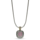 TWO TONE SQUARE ROSE CRYSTAL AND RHINESTONES ENGRAVED PENDANT BOX CHAIN NECKLACE