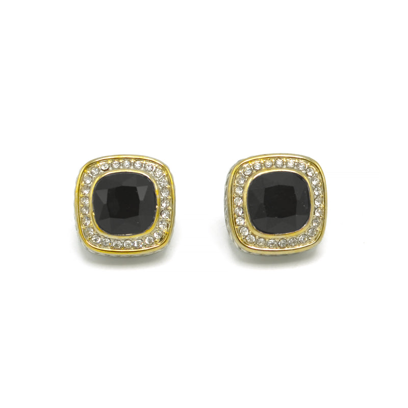 TWO TONE SQUARE JET CRYSTAL AND RHINESTONES ENGRAVED EARRINGS