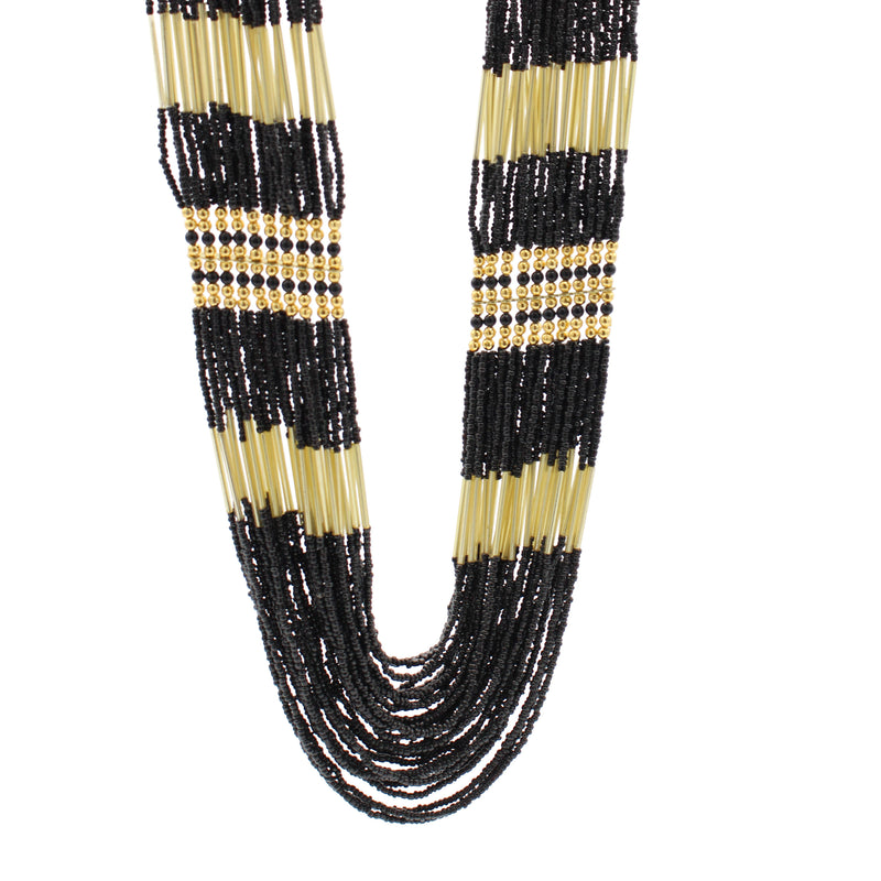GOLD BLACK SEED BEAD STATEMENT NECKLACE