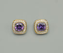 TWO TONE SQUARE AMETHYST CRYSTAL AND RHINESTONES ENGRAVED EARRINGS