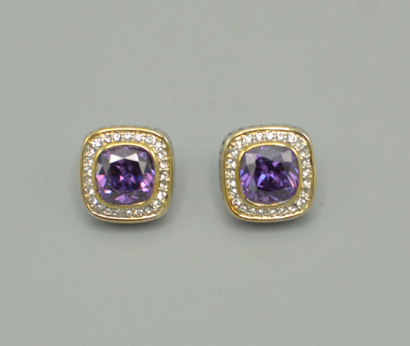TWO TONE SQUARE AMETHYST CRYSTAL AND RHINESTONES ENGRAVED EARRINGS