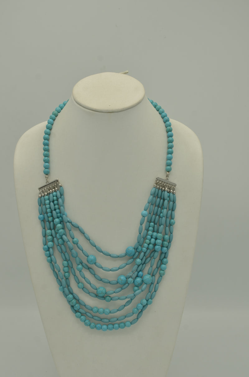 SILVER TURQUOISE BEAD MULTI LAYER LONG NECKLACE