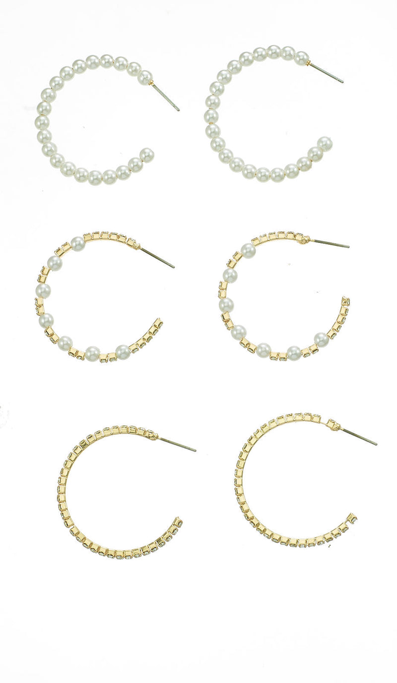 SQTFT116159 Three pair pearl and stone hoop earring (EE7)