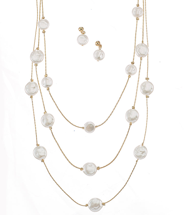 Gold Three row pearl necklace and earring set