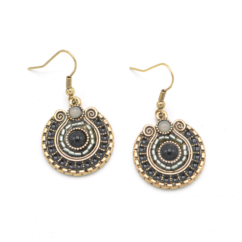 GOLD OXIDIZE ROUND DISK WITH  BEAD EARRINGS