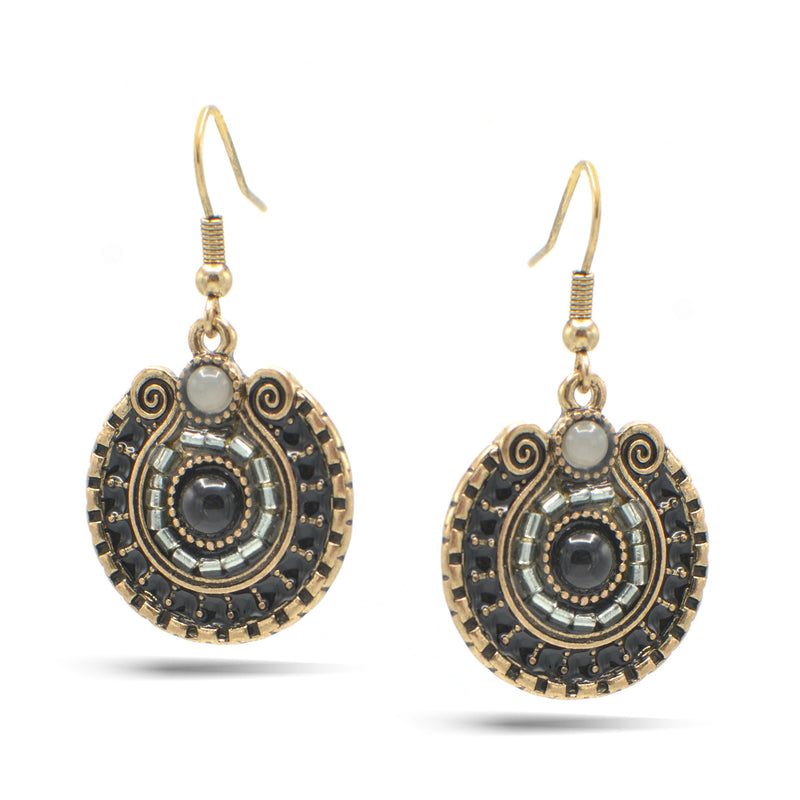 GOLD OXIDIZE ROUND DISK WITH  BEAD EARRINGS