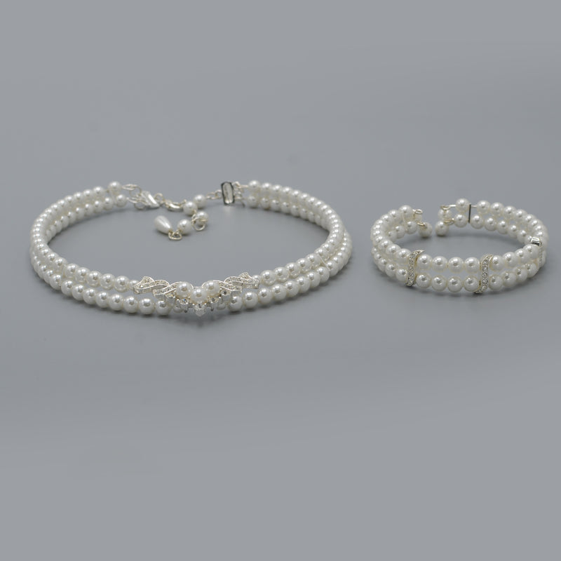 WHITE PEARL CRYSTAL CHOKER NECKLACE AND BRACELET SET