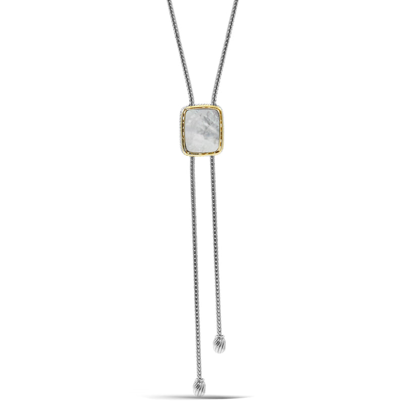 TWO TONE MOTHER OF PEARL PENDANT ENGRAVED TASSEL NECKLACE