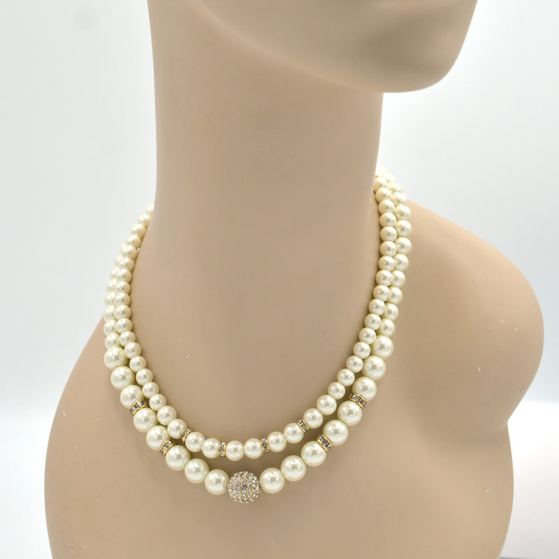 CREAM PEARL AND GOLD CRYSTAL PAVE BALL NECKLACE AND EARRINGS SET