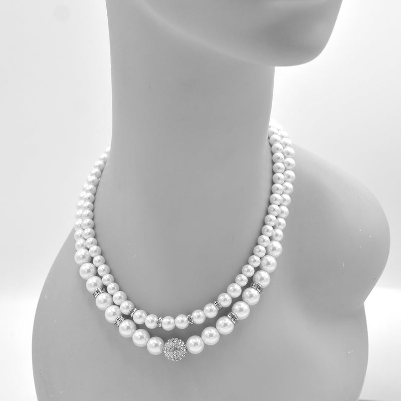 WHITE PEARL AND SILVER CRYSTAL PAVE BALL NK AND EARGS SET