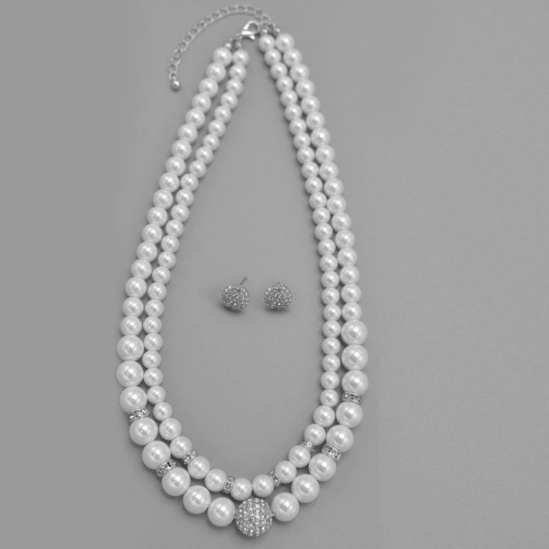 WHITE PEARL AND SILVER CRYSTAL PAVE BALL NK AND EARGS SET
