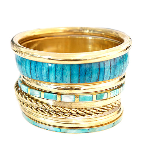 Turquoise Wood with Gold Bangles Set of 10pcs