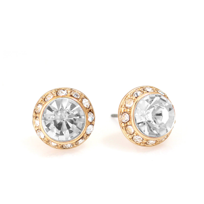 Clear Round Crystal And Rhinestone Gold Post Earrings