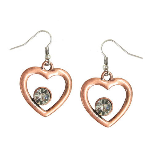 COPPER HEART AND CLEAR STONE EARRINGS