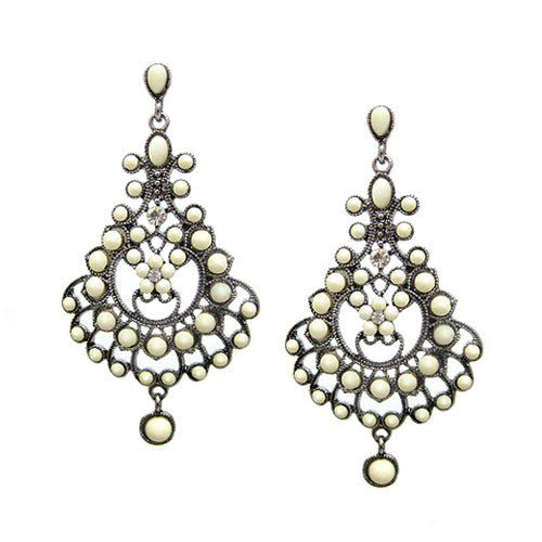 SILVER CREAM ELABORATE FLOWER ACCENTED WITH RHINESTONE EARRINGS