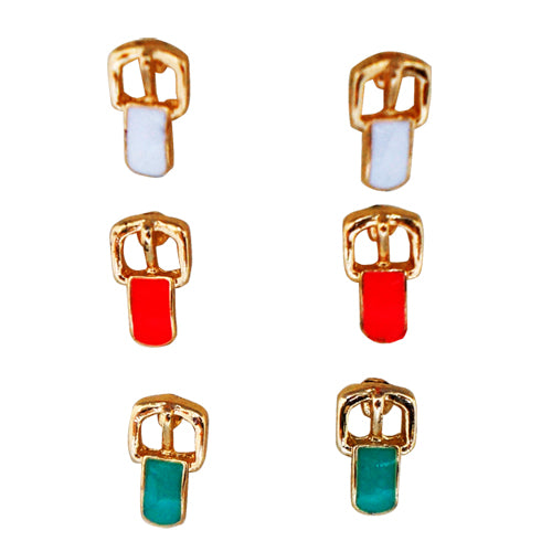 White Red Turquoise Gold Belt Metal Earrings Set Of 3Pcs