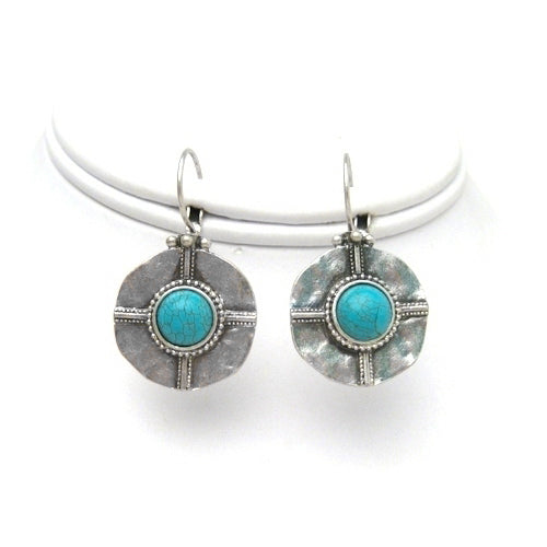The euro wire earrings can be fresh accent on your look, and they will max the effect when you wear them with our matching necklace. This leverback earrings are made with Turquoise bead in center, embossed designs and hammered look.