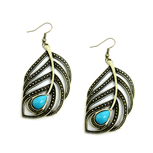 GOLD LEAF EARRINGS WITH TURQUOISE COLOR ACCENT