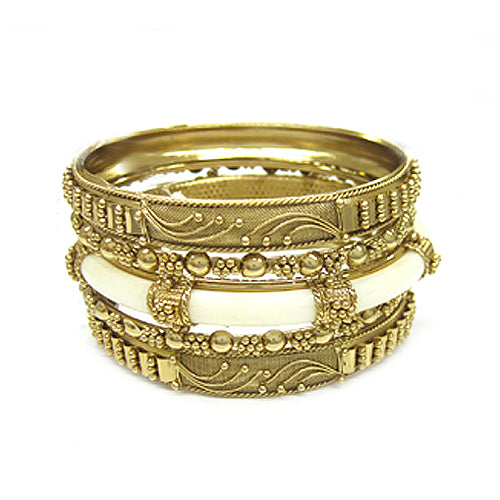 GOLD IVORY METAL WITH RESIN BANGLES SET OF 5 PCS