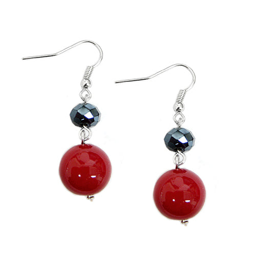 Jet Glass Crystal with Red Pearl Dangle Earrings       