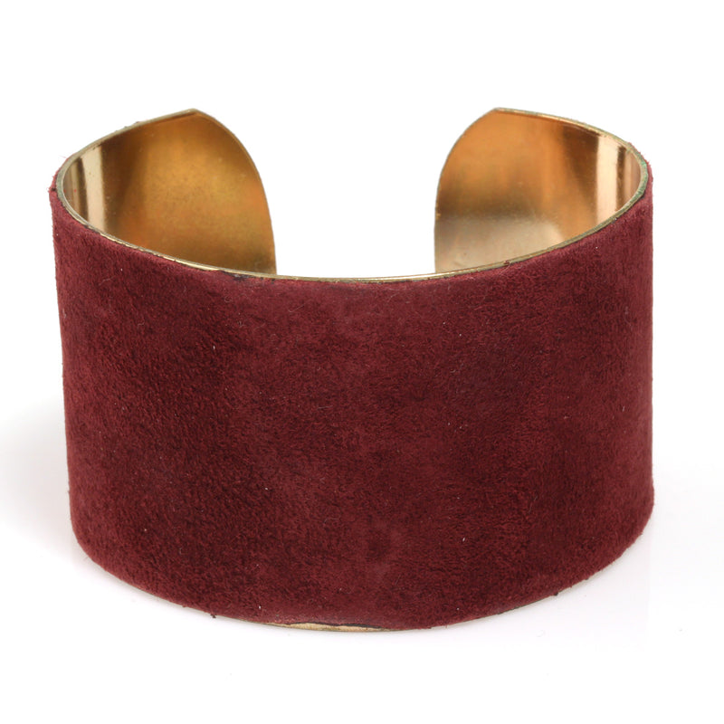 Gold Base Wine Color Laminated Velvet Cuff Bracelet