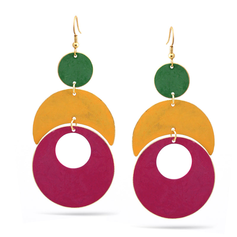 FUCHSIA YELLOW AND GREEN MIX PATINA FINISHED ROUND DROP EARRINGS