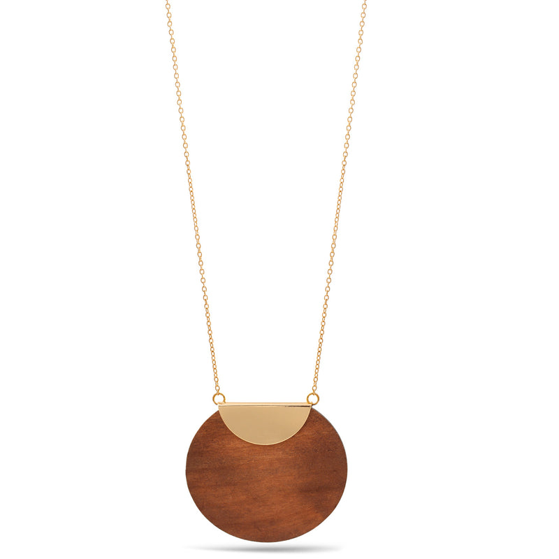 Gold Natural Wood Pendant Adjustable Length Long Chain Necklace