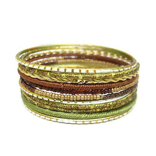 GOLD MULTI COLOR  OLIVE AND BROWN MIXED GLITTERING THIN BANGLES SET OF 11PCS