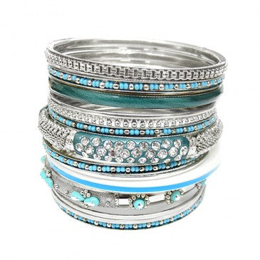 SILVER TURQUOISE SEED BEADS SET OF 17PCS INDIAN BANGLES WITH STRIPE BORN IN PLASTIC CONTAINER
