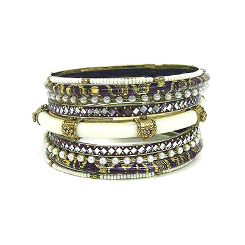 MULTI COLOR PURPLE AND IVORY RESIN ETHNIC BANGLES SET OF 9 PCS