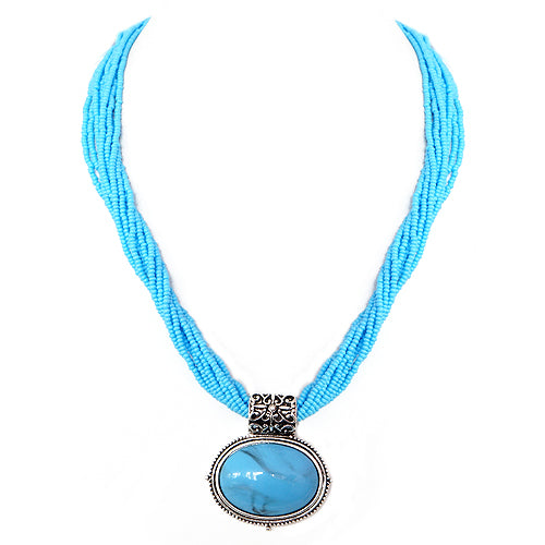 Turquoise Oval Pendant with Seed Beaded Necklace