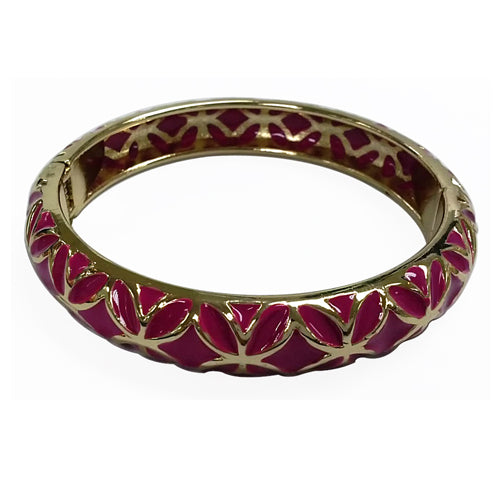 Fuschia Hinged Bracelet with Gold Pattern