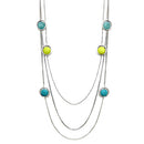 SILVER GREEN MIXED GLASS BEADED SIVLER METAL THREE-STRAND LONG NECKLACE