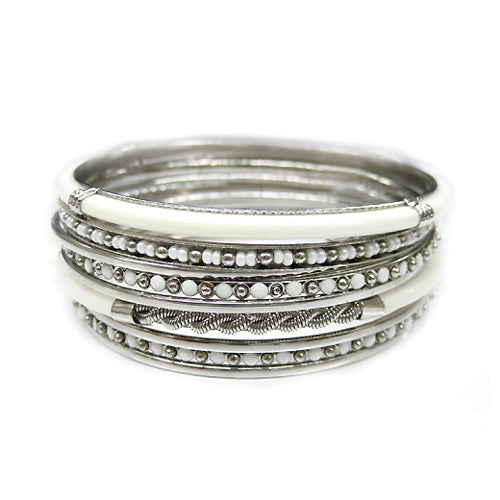 Silver and White Set of 9pcs Plain Indian Bangles with Bone 