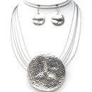 Silver Hammered Pendant Necklace And Earrings Set