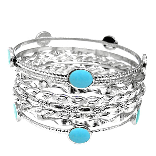 TURQUOISE ENAMEL WITH SILVER STACKABLE SET OF 8PCS BANGLES