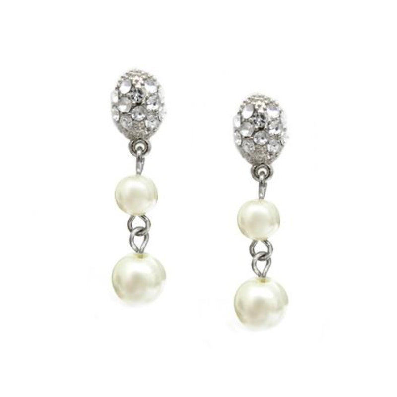 Polish yourself with selection of our classical earrings! Two different size of faux pearl drops dangle from clear stoned stud earrings. The earring is about 1.25 inches long and the size of the pearl is 6mm and 8mm in diameter.