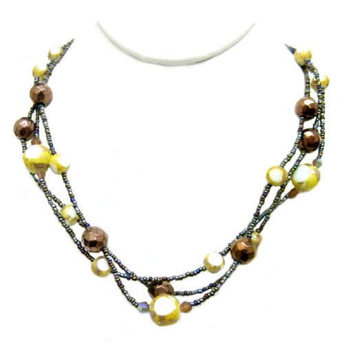 Rainbow Colorful Glass Three-Strand Vintage Gold Necklace